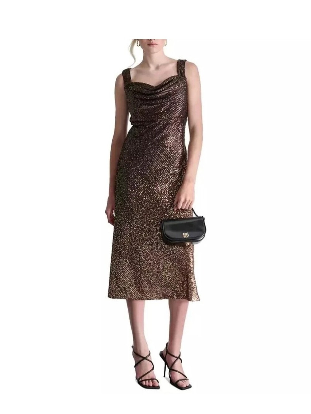 DKNY Bronze Sequin Cowl Neck Midi Dress
